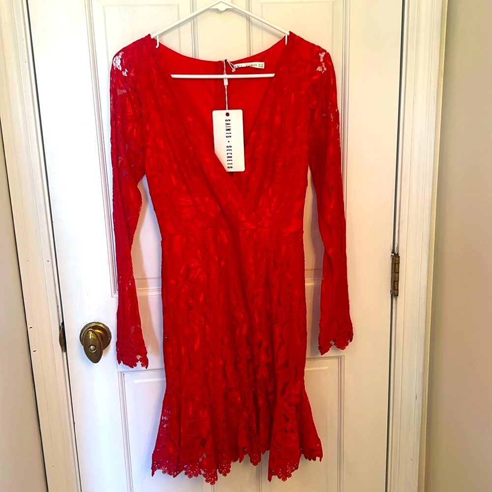Cocktail dress, mini, red lace, wedding guest dress, Saints + Secrets new